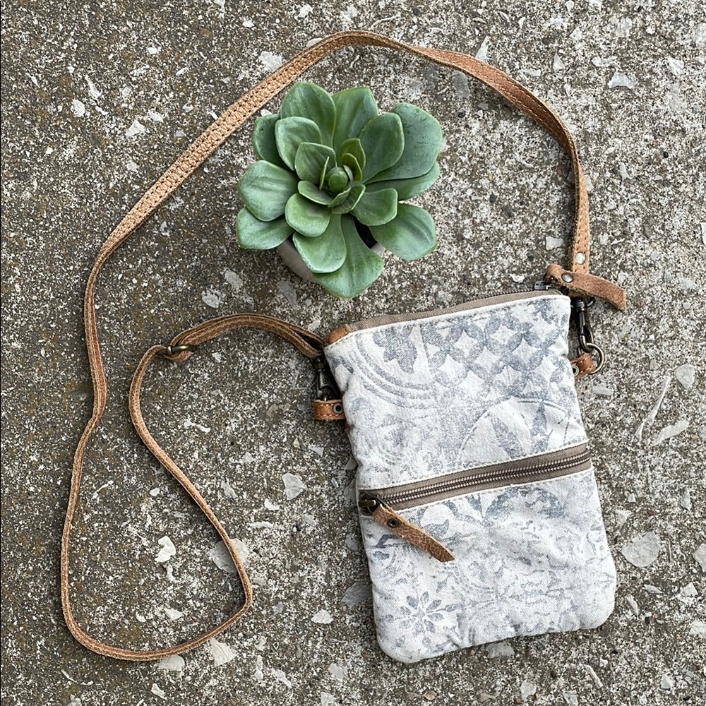 Myra Bag | Upcycled Canvas Distressed Boho Small Crossbody Bag Leather Trimmed